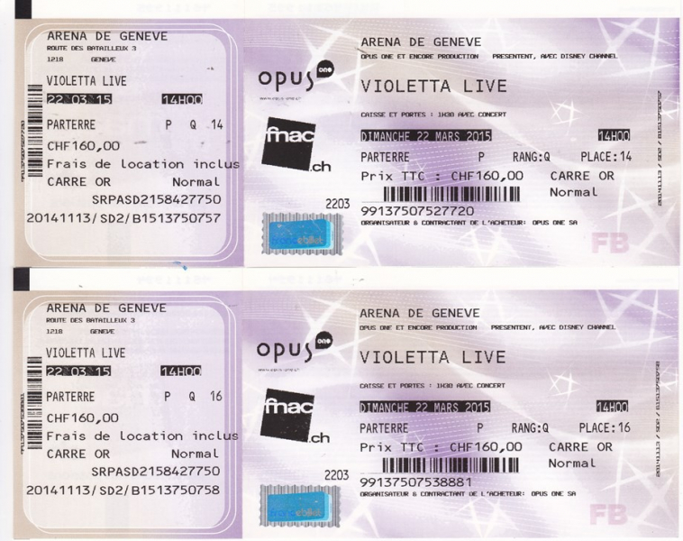 Photo : 2 billets concert live Violetta ARENA DE GENEVE