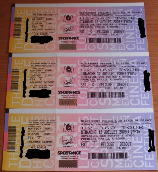 Photo annonce 3 places pour U2 au SDF le 12 Juillet 2009