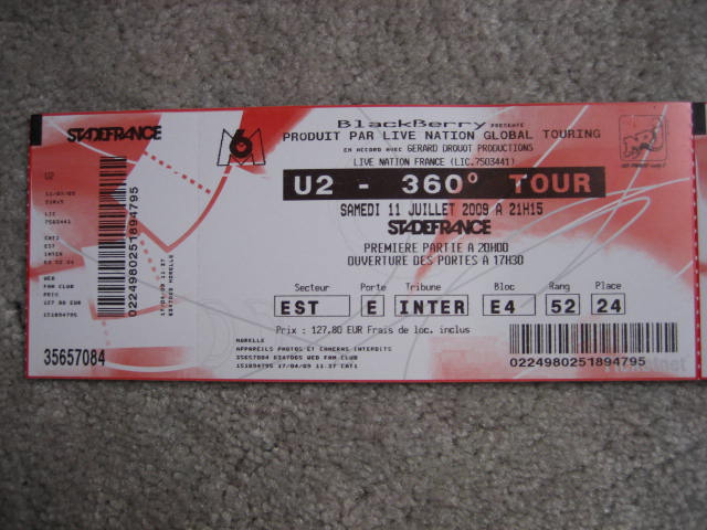 Photo : 1 billet U2 Paris cat 1 11 juillet